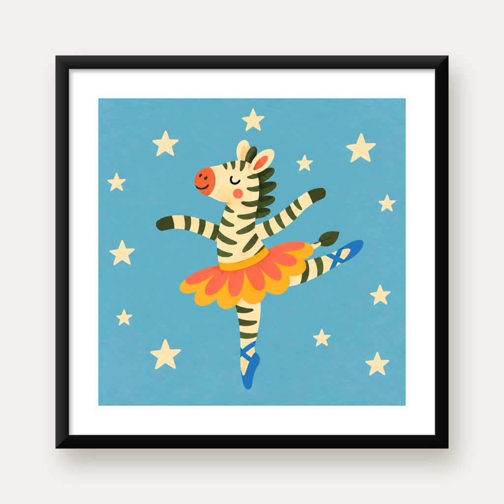 Balerin Zebra ve Yıldızlar Çocuk Odası Poster Sanatı — Kare baskı, beyaz kenar boşluklu