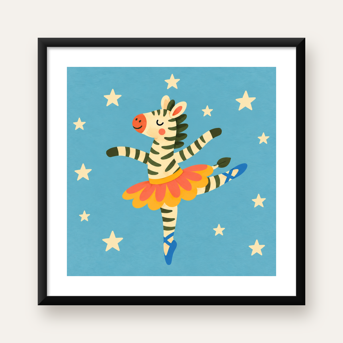 Balerin Zebra ve Yıldızlar Çocuk Odası Poster Sanatı — Kare baskı, beyaz kenar boşluklu