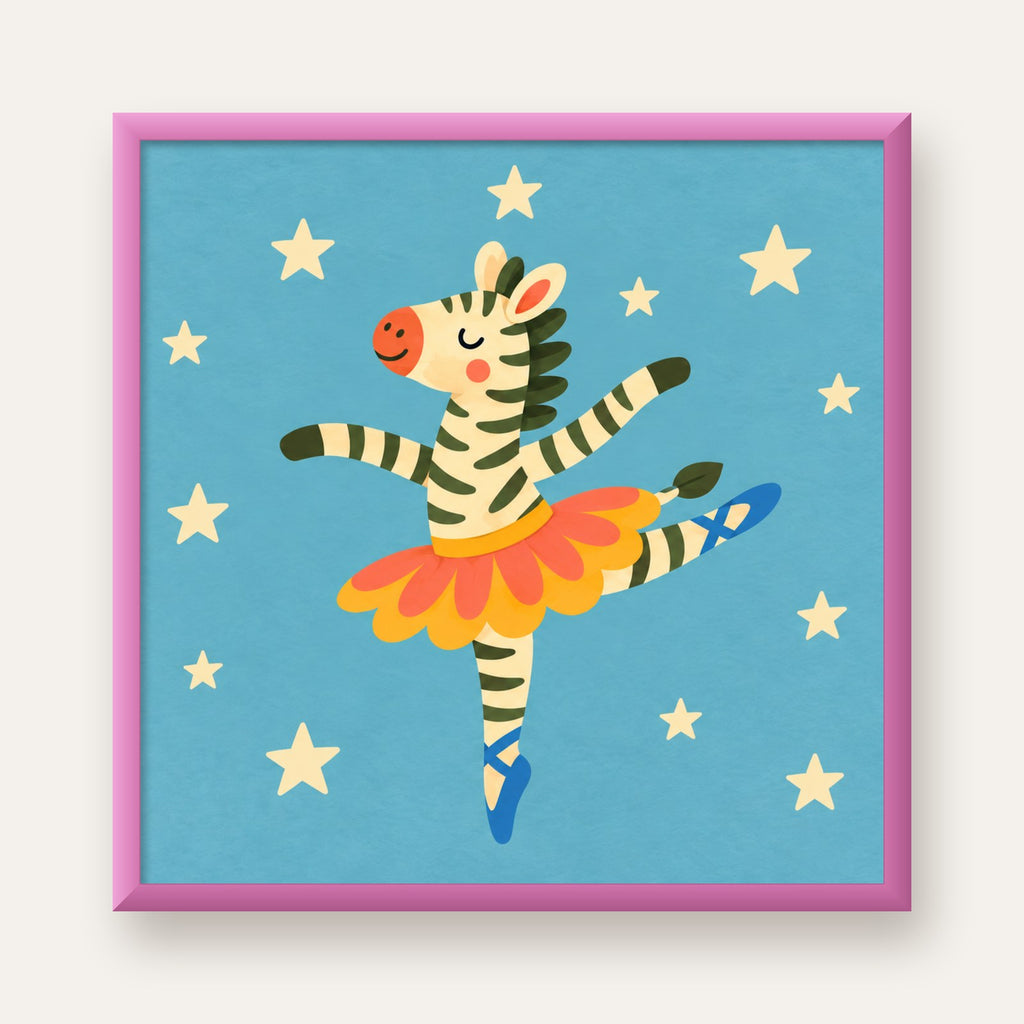 Balerin Zebra ve Yıldızlar Çocuk Odası Poster Sanatı — pembe çerçeveli