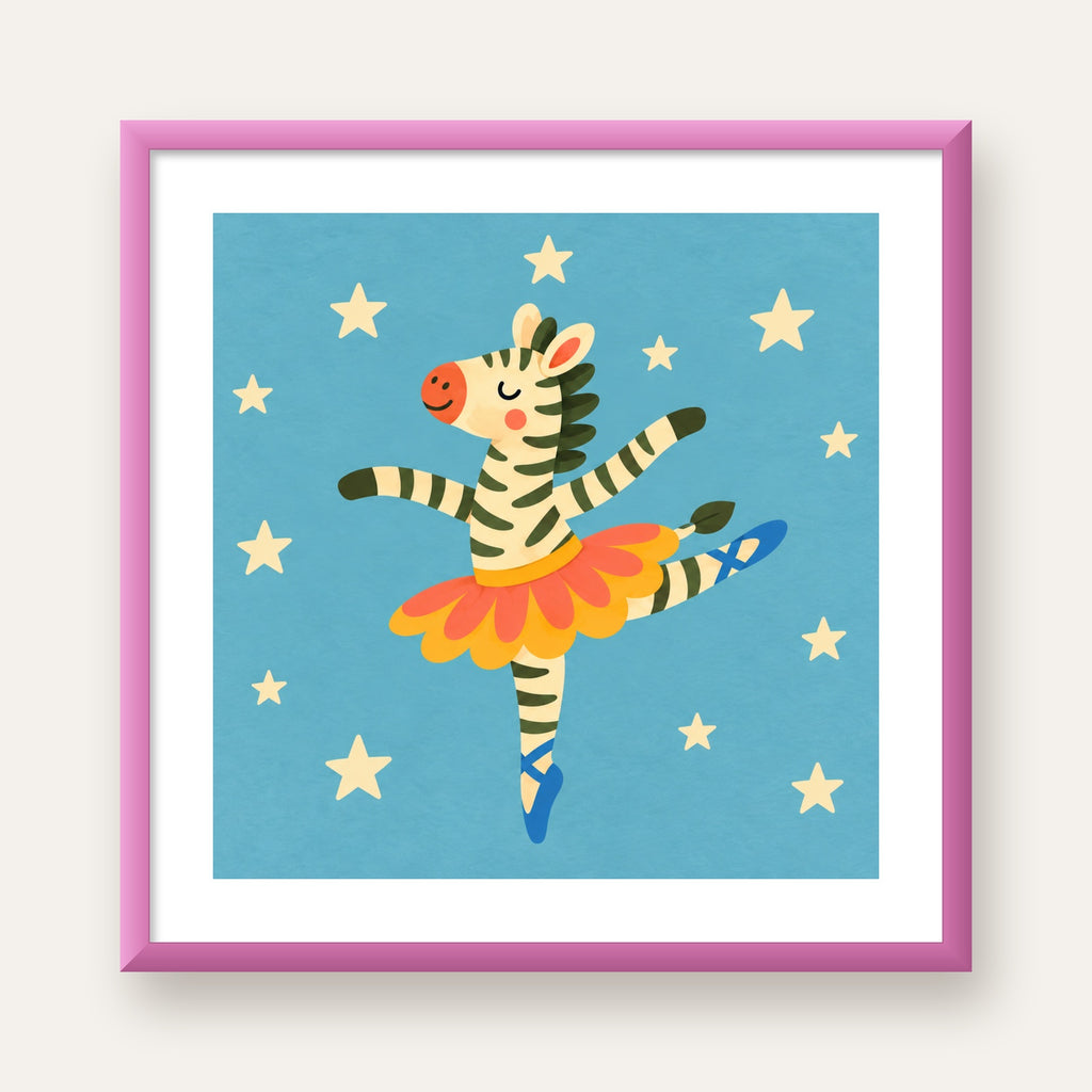 Balerin Zebra ve Yıldızlar Çocuk Odası Poster Sanatı — pembe çerçeveli paspartulu
