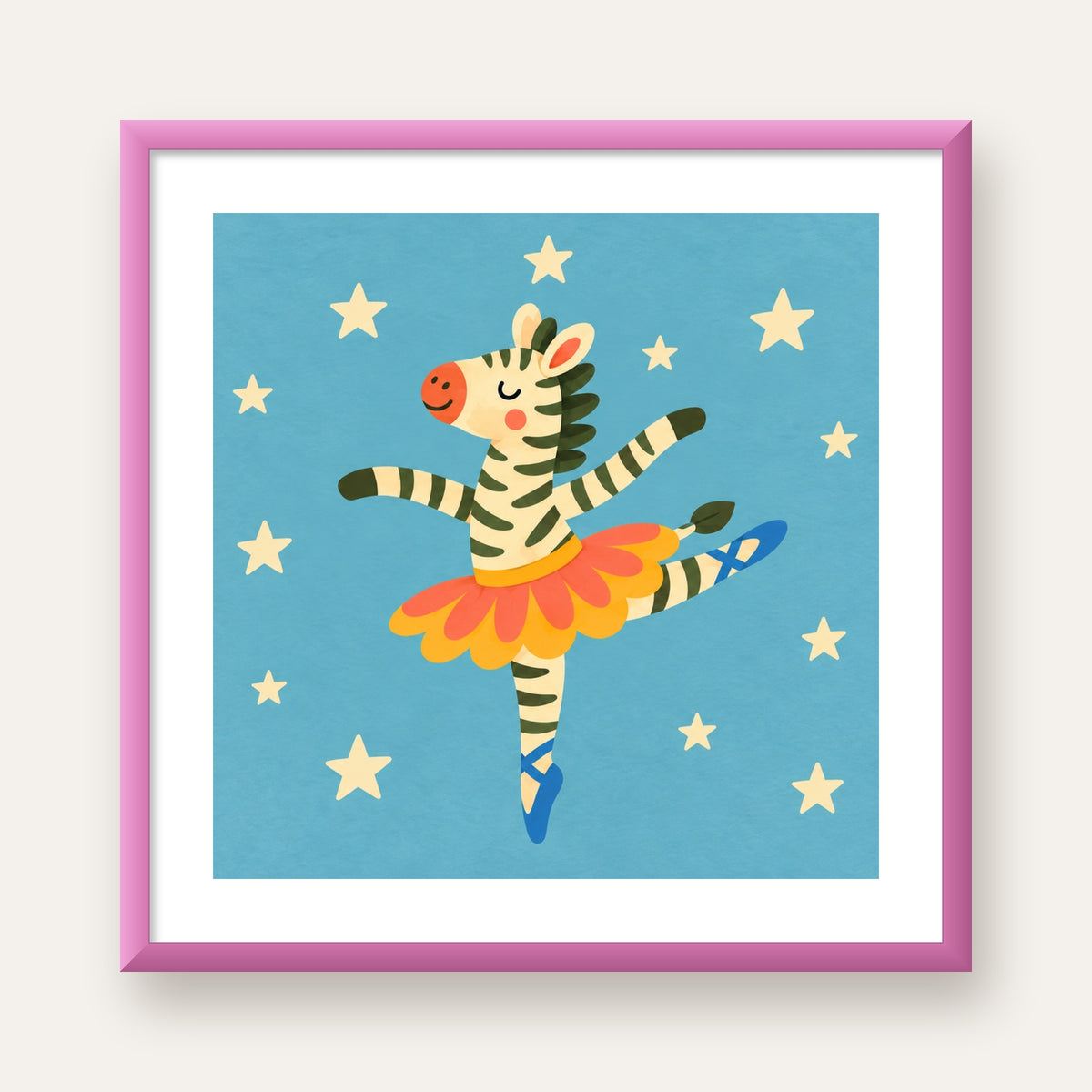 Balerin Zebra ve Yıldızlar Çocuk Odası Poster Sanatı — pembe çerçeveli paspartulu