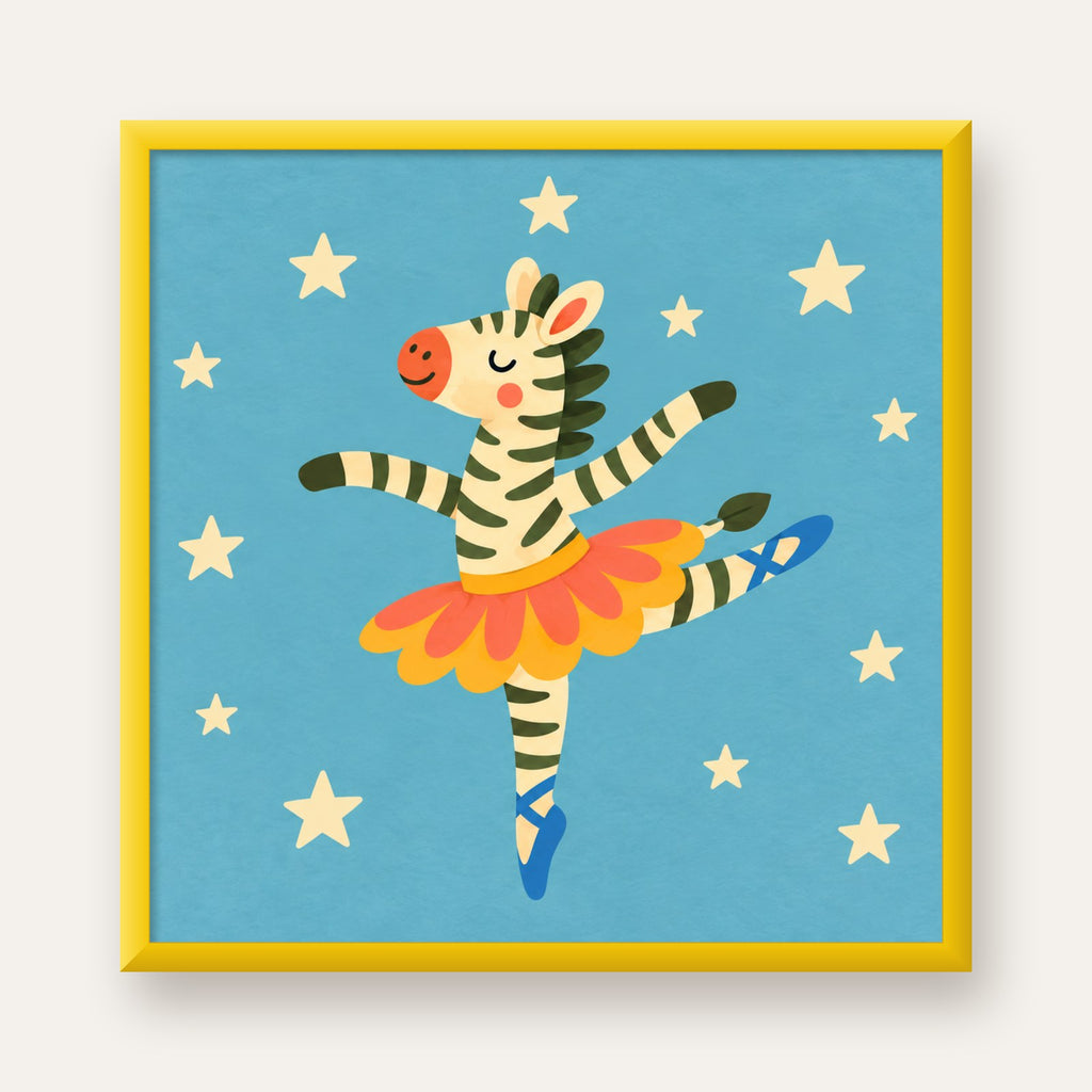 Balerin Zebra ve Yıldızlar Çocuk Odası Poster Sanatı — sarı çerçeveli