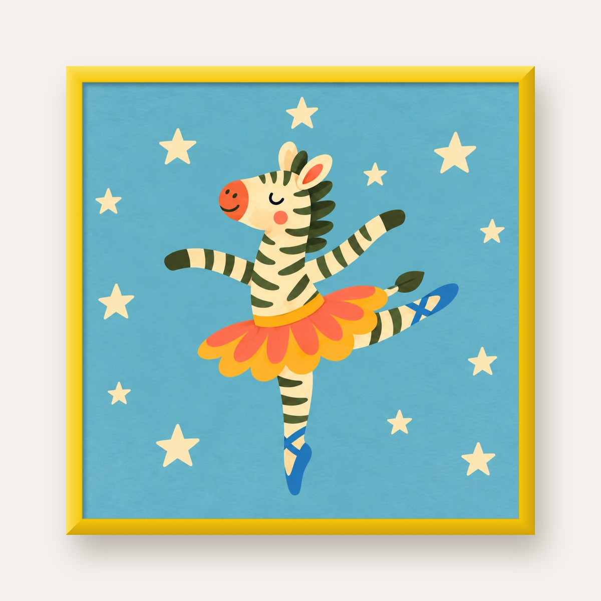 Balerin Zebra ve Yıldızlar Çocuk Odası Poster Sanatı — sarı çerçeveli