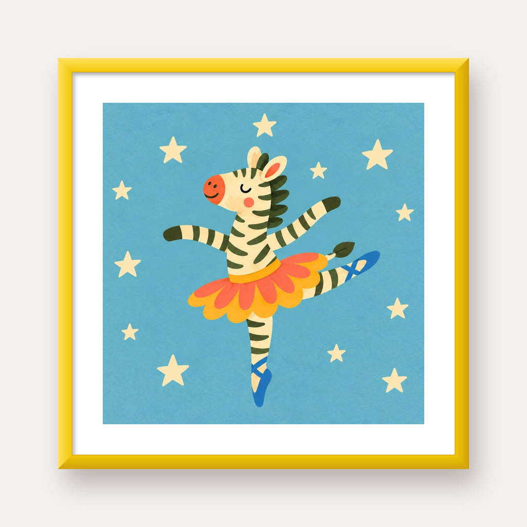 Balerin Zebra ve Yıldızlar Çocuk Odası Poster Sanatı — sarı çerçeveli paspartulu