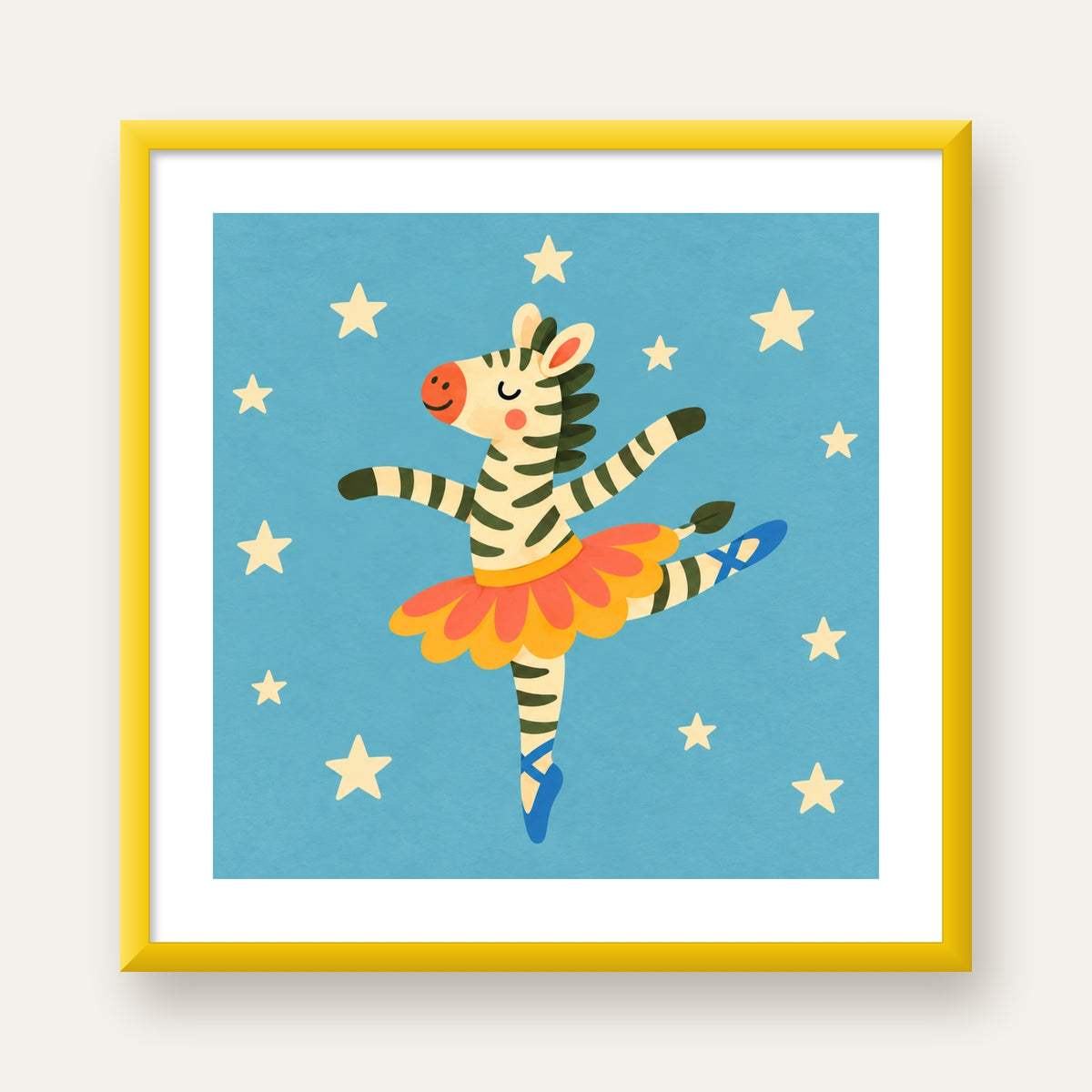 Balerin Zebra ve Yıldızlar Çocuk Odası Poster Sanatı — sarı çerçeveli paspartulu