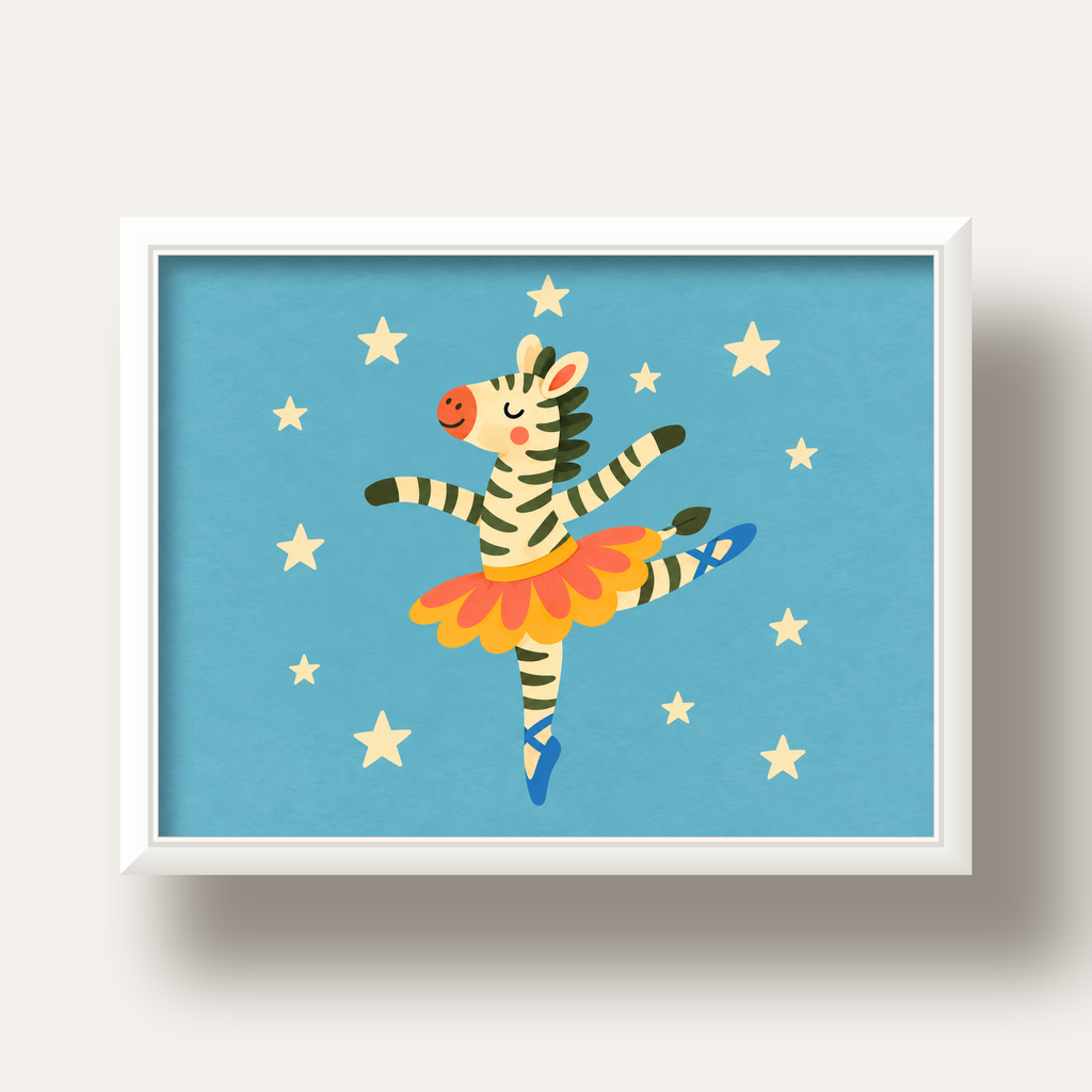 Balerin Zebra ve Yıldızlar Çocuk Odası Poster Sanatı — beyaz derin çerçeveli