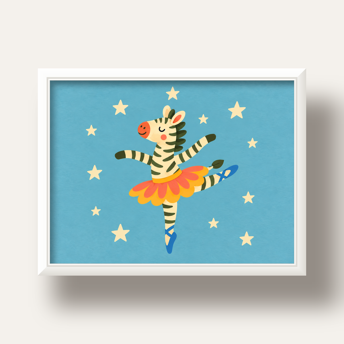 Balerin Zebra ve Yıldızlar Çocuk Odası Poster Sanatı — beyaz derin çerçeveli