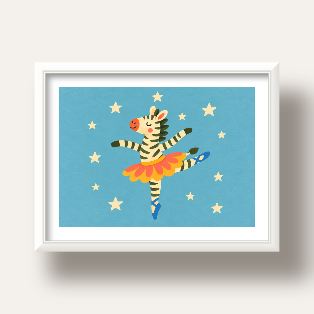 Balerin Zebra ve Yıldızlar Çocuk Odası Poster Sanatı — beyaz derin çerçeveli paspartulu