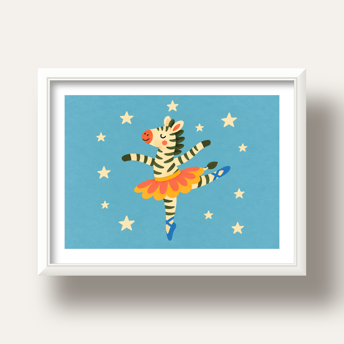 Balerin Zebra ve Yıldızlar Çocuk Odası Poster Sanatı — beyaz derin çerçeveli paspartulu