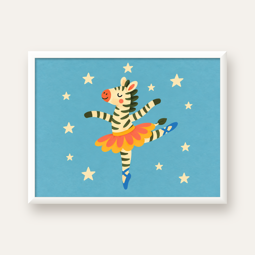 Balerin Zebra ve Yıldızlar Çocuk Odası Poster Sanatı — beyaz çerçeveli yatay poster