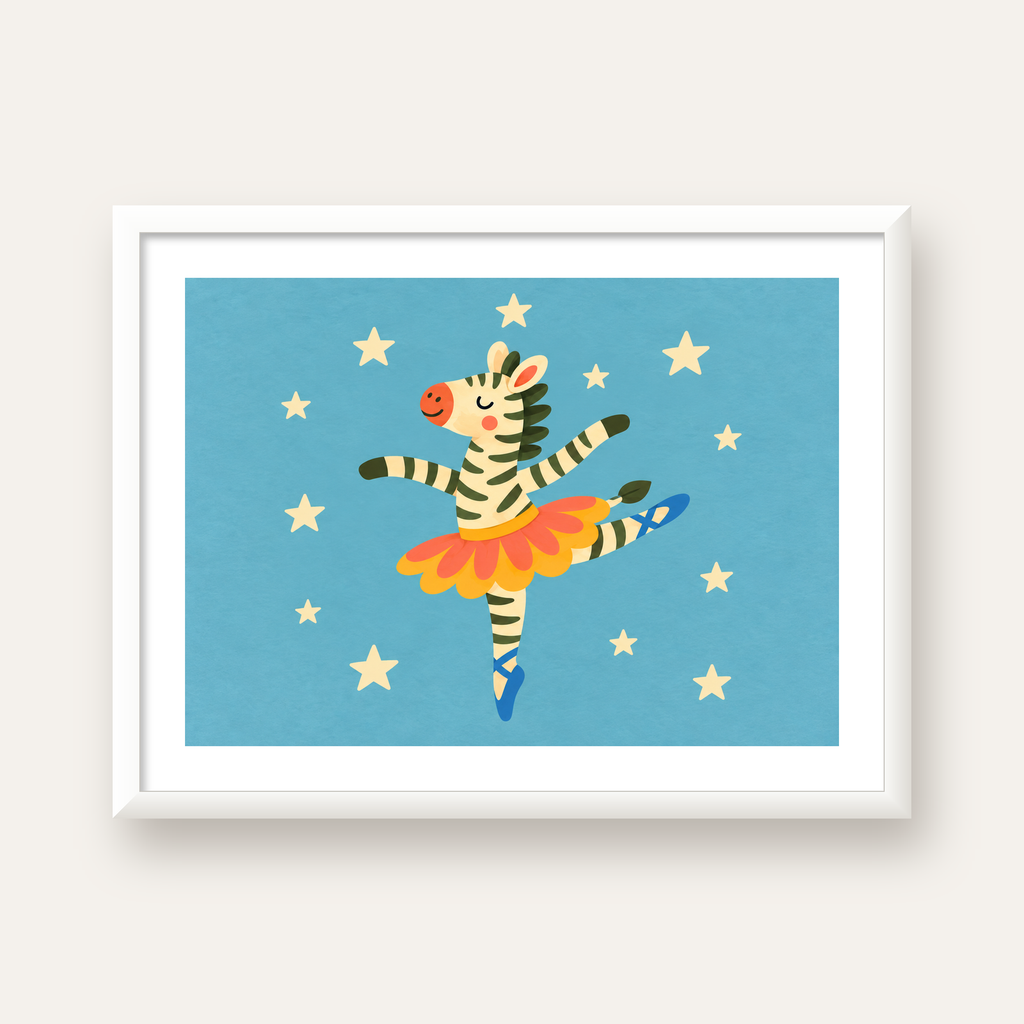 Balerin Zebra ve Yıldızlar Çocuk Odası Poster Sanatı — beyaz çerçeveli yatay poster