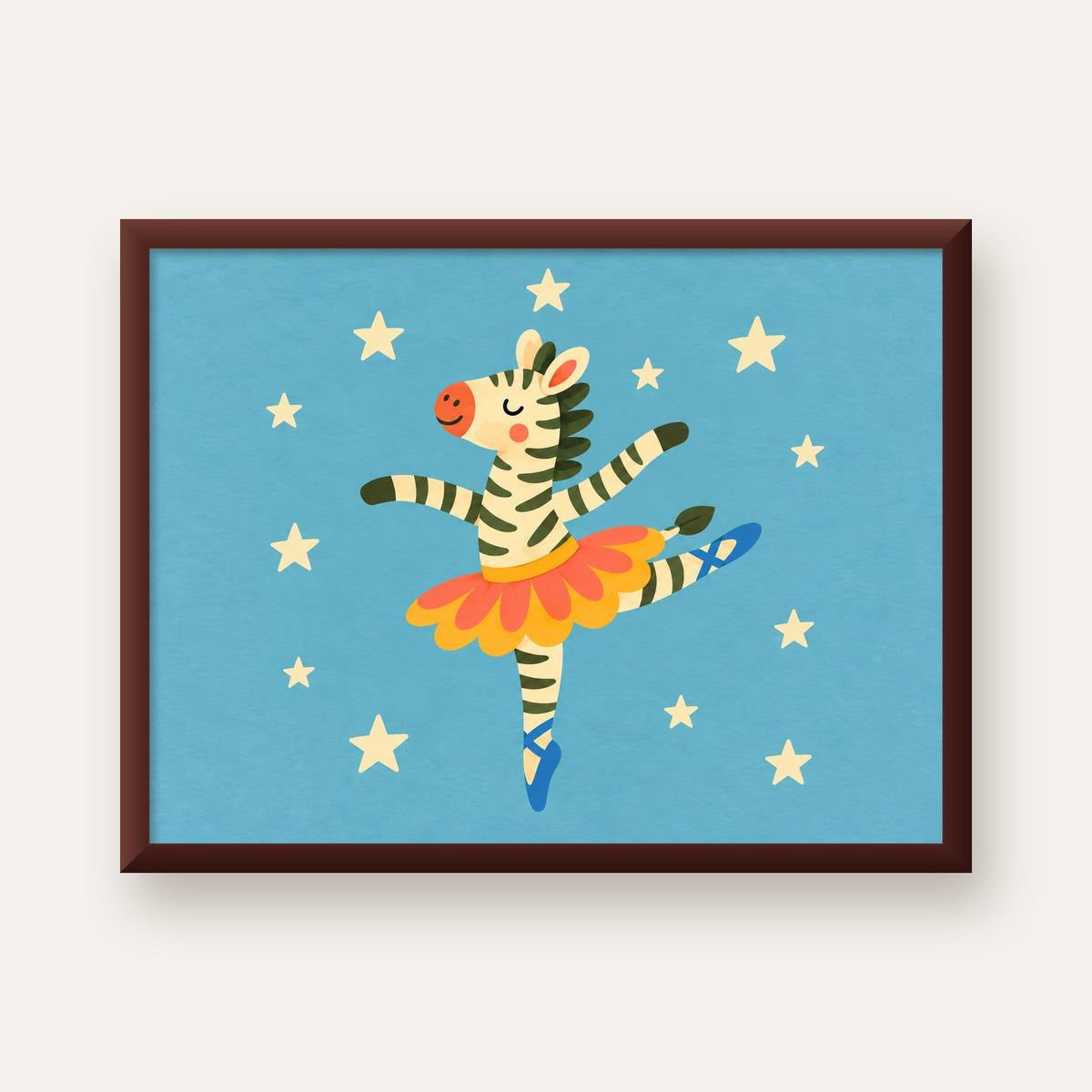 Balerin Zebra ve Yıldızlar Çocuk Odası Poster Sanatı — ceviz çerçeveli