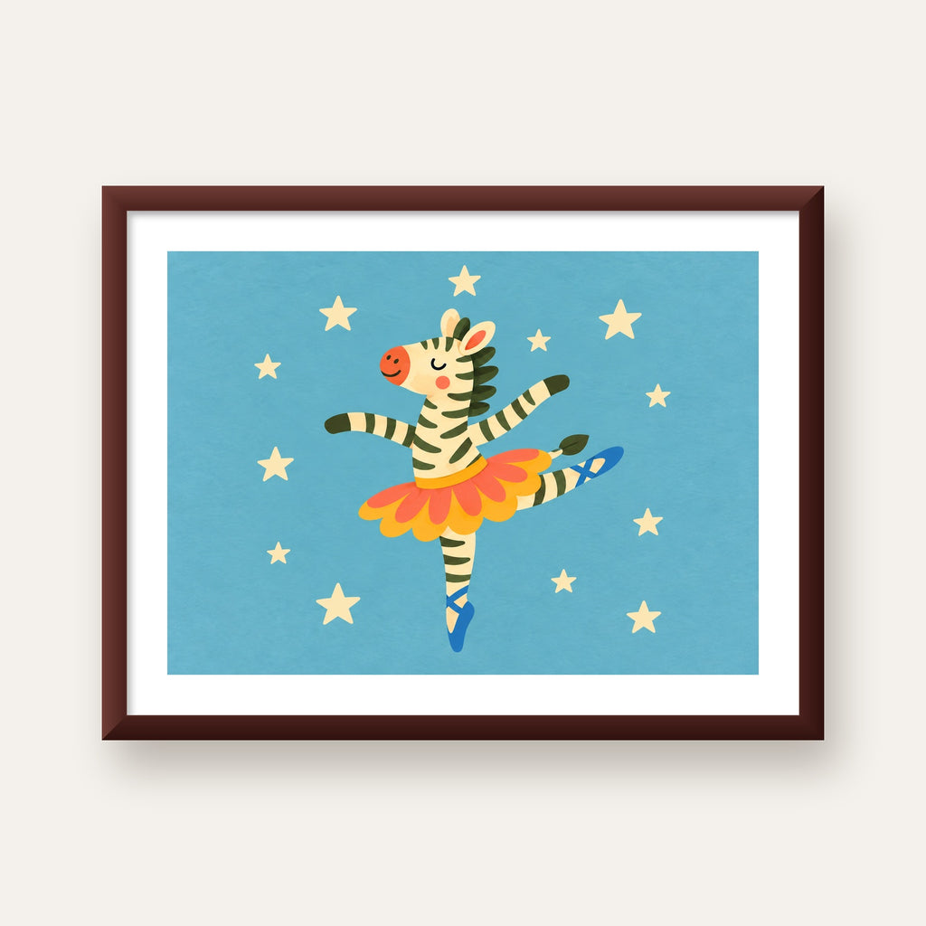 Balerin Zebra ve Yıldızlar Çocuk Odası Poster Sanatı — ceviz çerçeveli paspartulu