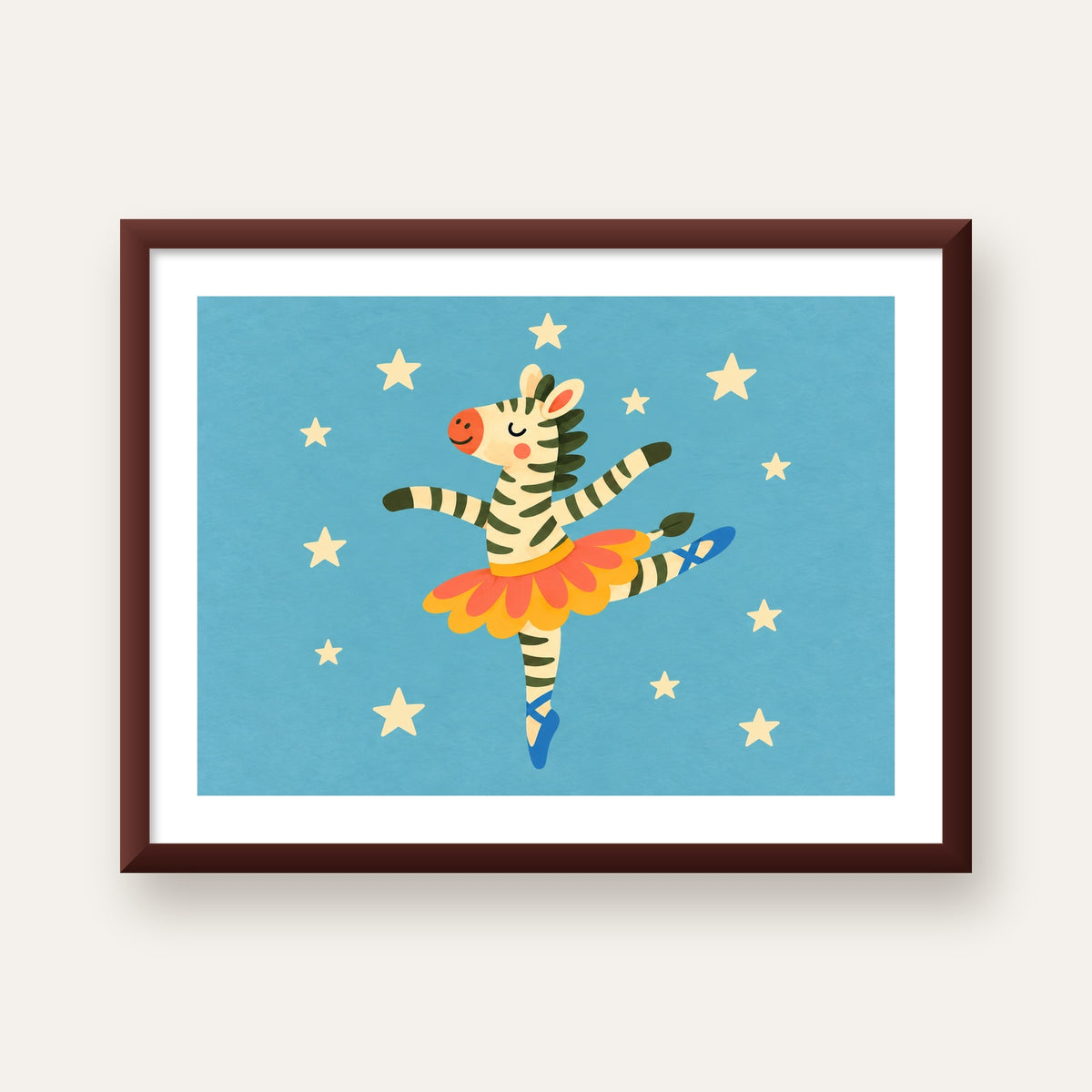 Balerin Zebra ve Yıldızlar Çocuk Odası Poster Sanatı — ceviz çerçeveli paspartulu