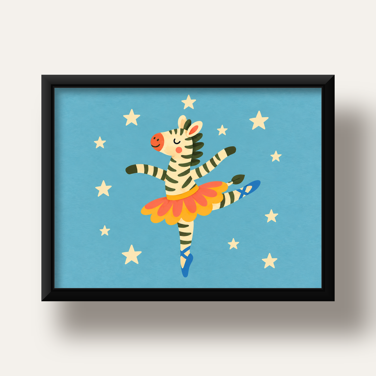 Balerin Zebra ve Yıldızlar Çocuk Odası Poster Sanatı — siyah derin çerçeveli