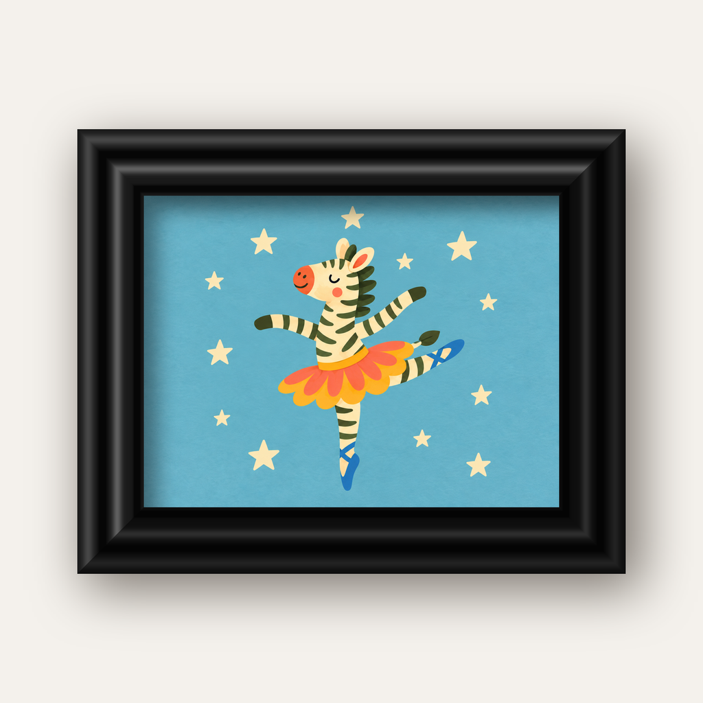 Balerin Zebra ve Yıldızlar Çocuk Odası Poster Sanatı — siyah galeri çerçeveli