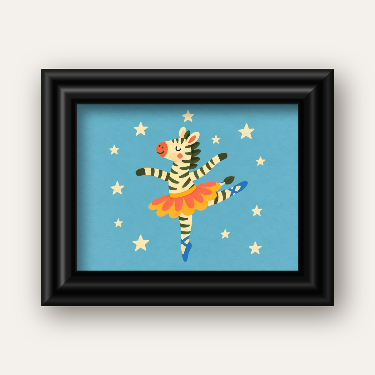 Balerin Zebra ve Yıldızlar Çocuk Odası Poster Sanatı — siyah galeri çerçeveli