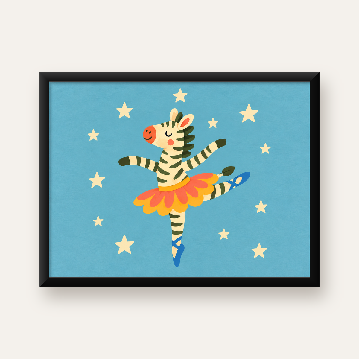 Balerin Zebra ve Yıldızlar Çocuk Odası Poster Sanatı — Yatay baskı, düz siyah çerçeveli duvar posteri