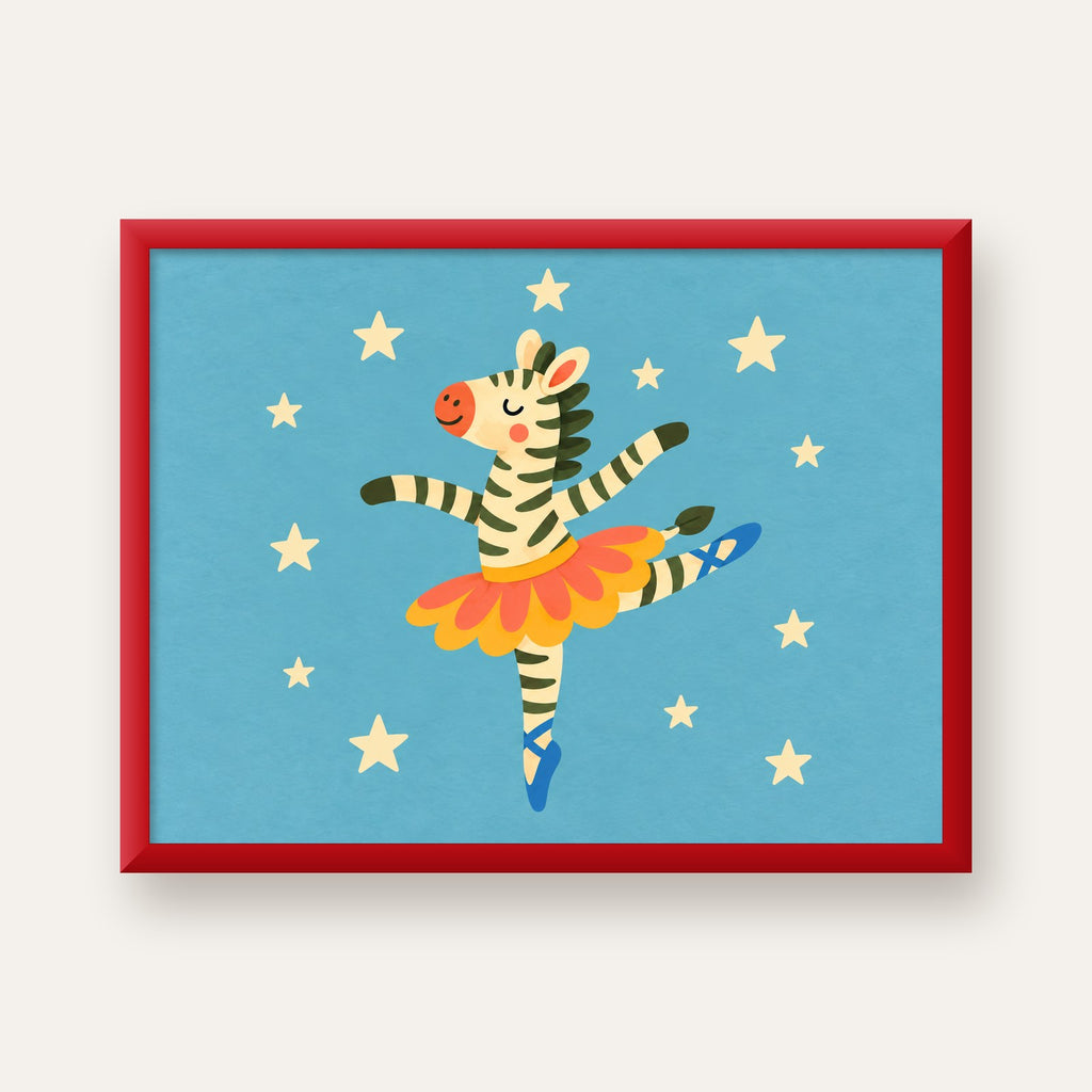 Balerin Zebra ve Yıldızlar Çocuk Odası Poster Sanatı — kırmızı çerçeveli
