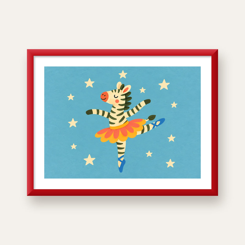 Balerin Zebra ve Yıldızlar Çocuk Odası Poster Sanatı — kırmızı çerçeveli paspartulu
