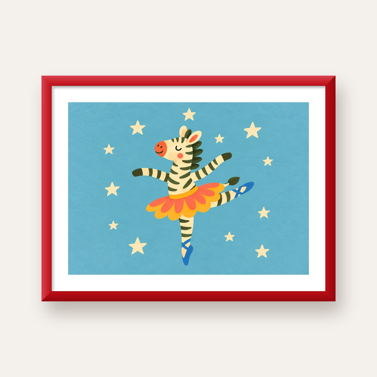 Balerin Zebra ve Yıldızlar Çocuk Odası Poster Sanatı — kırmızı çerçeveli paspartulu