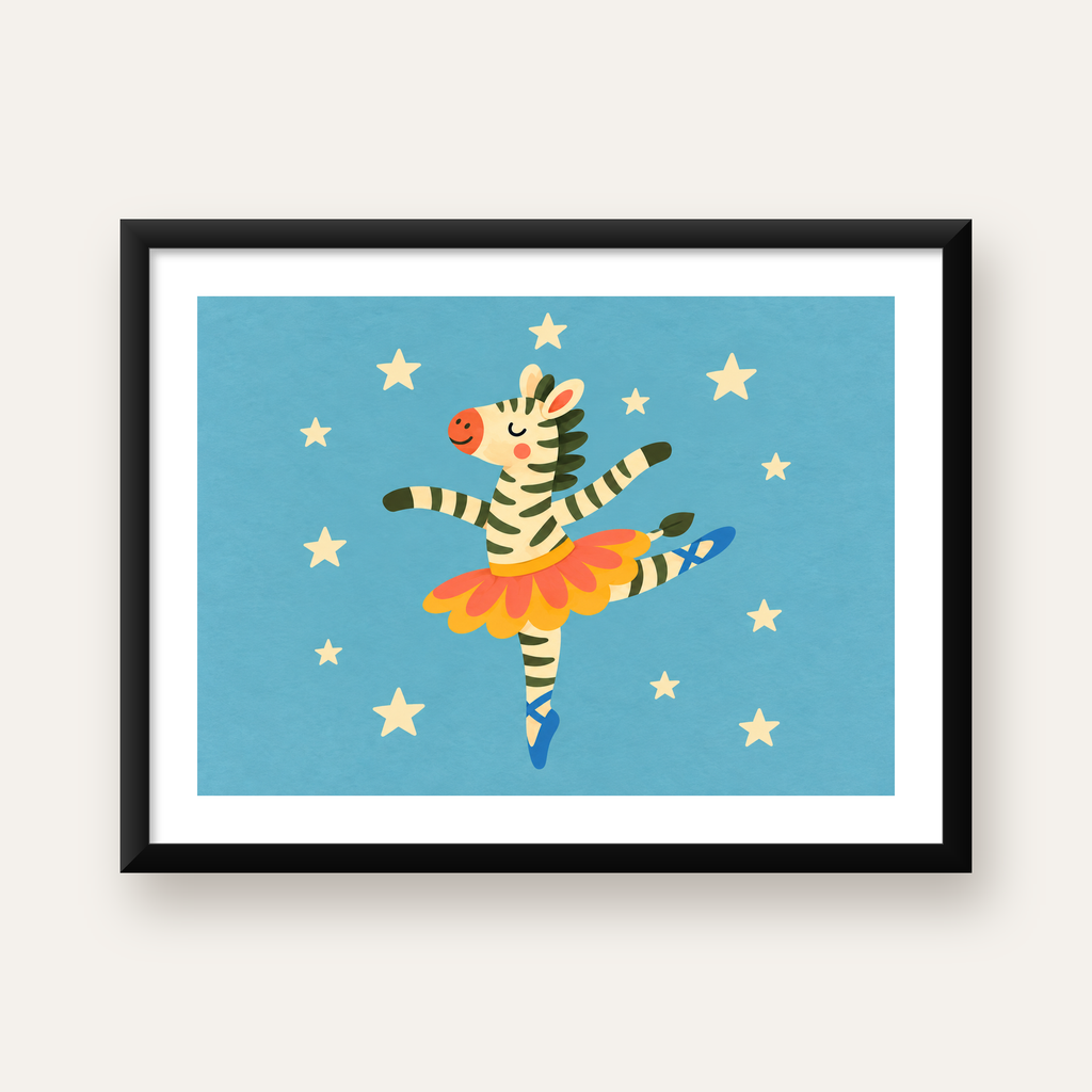 Balerin Zebra ve Yıldızlar Çocuk Odası Poster Sanatı — Yatay baskı, beyaz kenar boşluklu