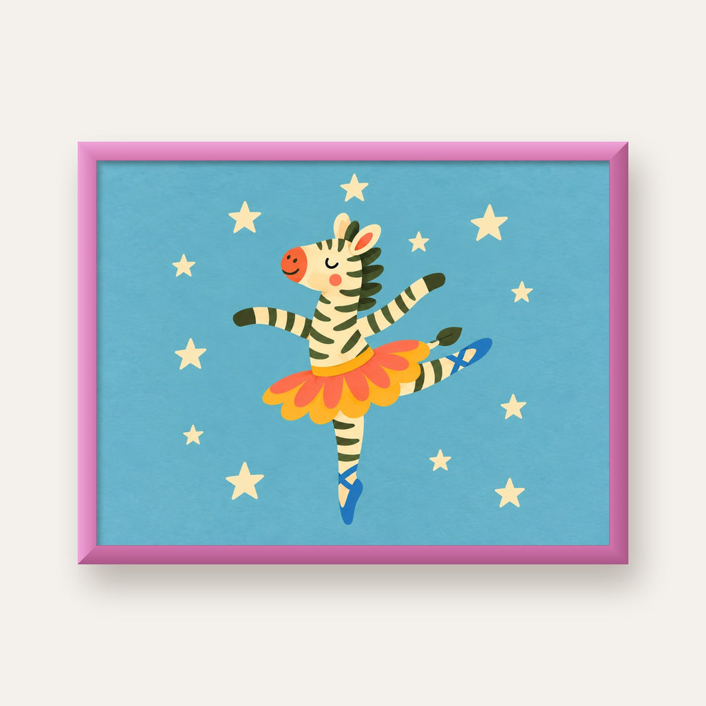 Balerin Zebra ve Yıldızlar Çocuk Odası Poster Sanatı — pembe çerçeveli