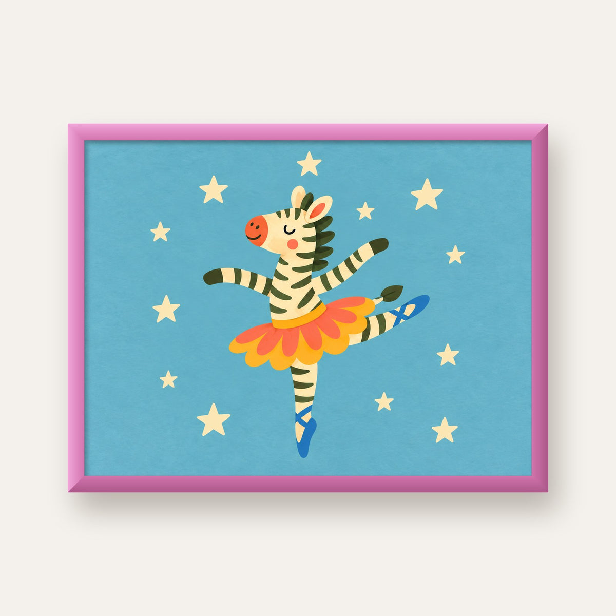Balerin Zebra ve Yıldızlar Çocuk Odası Poster Sanatı — pembe çerçeveli