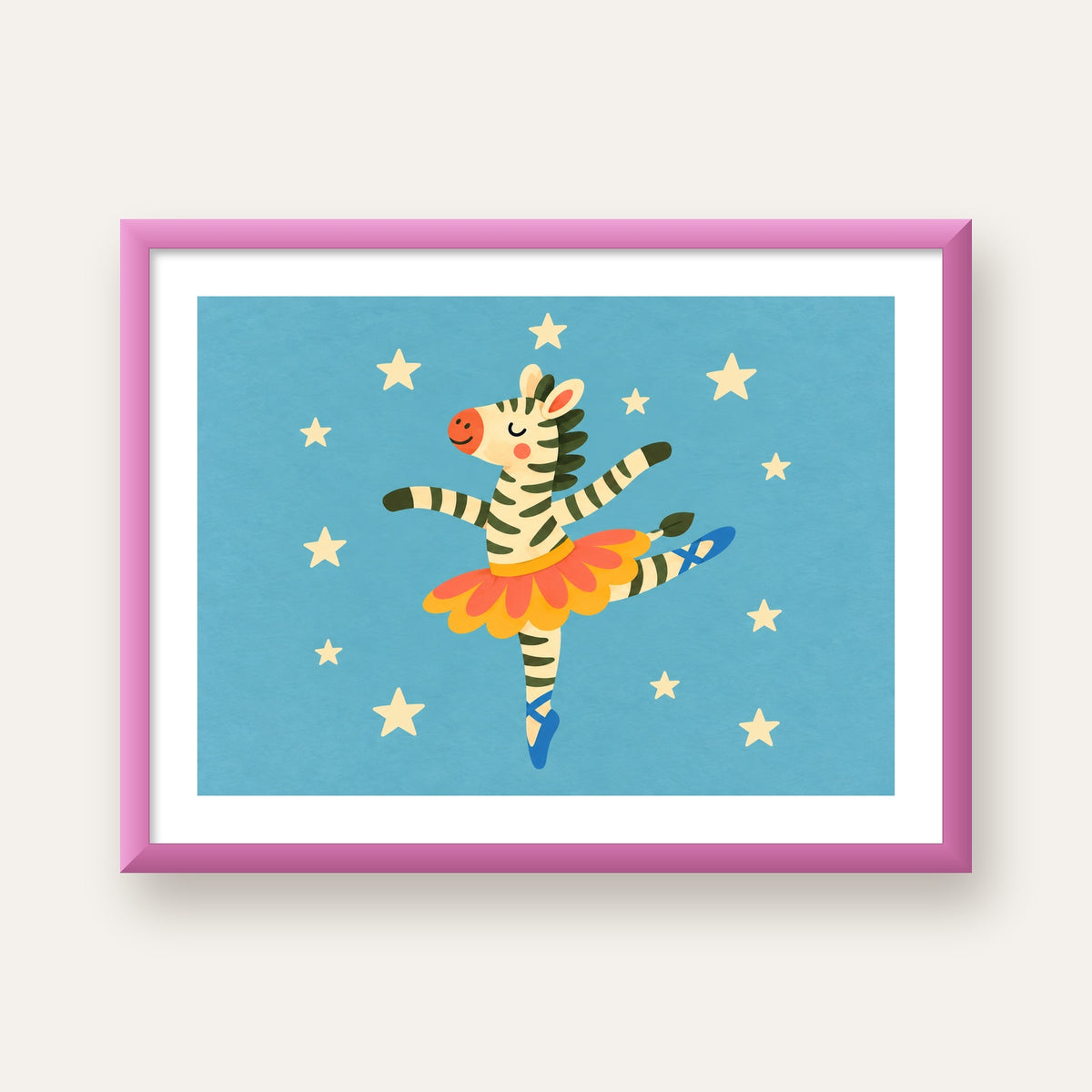 Balerin Zebra ve Yıldızlar Çocuk Odası Poster Sanatı — pembe çerçeveli paspartulu