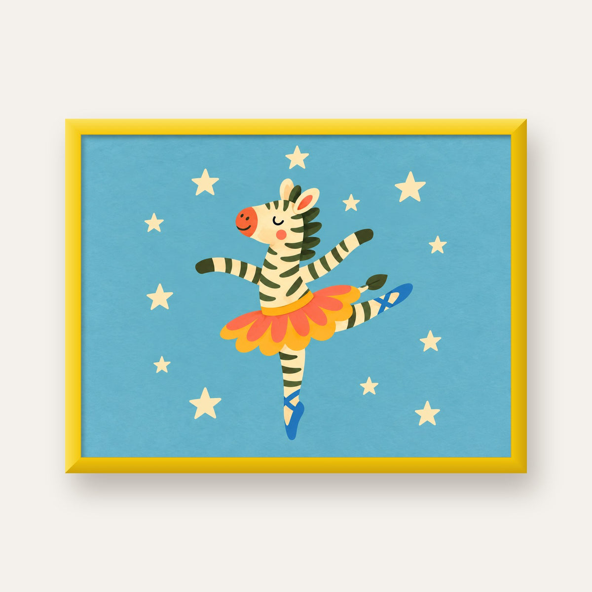 Balerin Zebra ve Yıldızlar Çocuk Odası Poster Sanatı — sarı çerçeveli