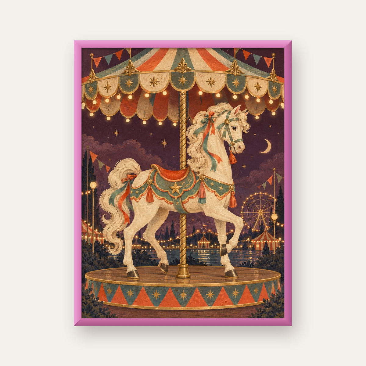 Yıldızlı Atlıkarınca Çocuk Odası Posteri — pembe çerçeveli