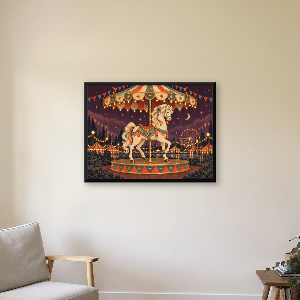 Nostaljik Atlı Karınca Poster – Retro Karusel ve Gece Işıltısı — Yatay baskı, çerçeveli hâliyle bir ev duvarında