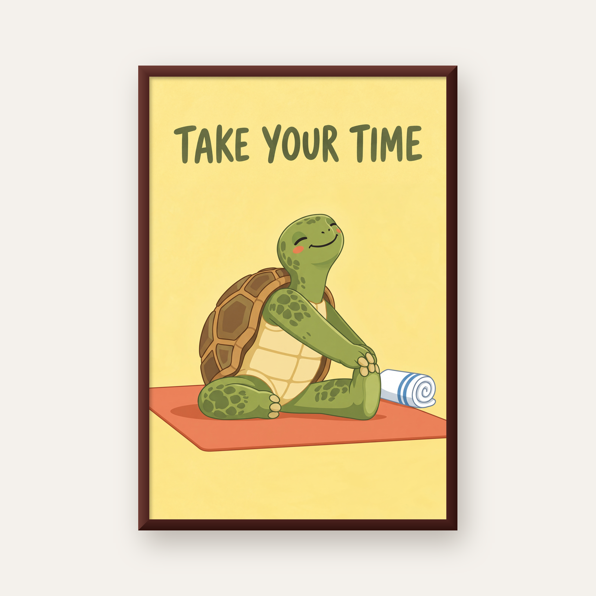 Yoga Yapan Kaplumbağa Poster – “Take Your Time” Pastel Tasarım — ceviz çerçeveli