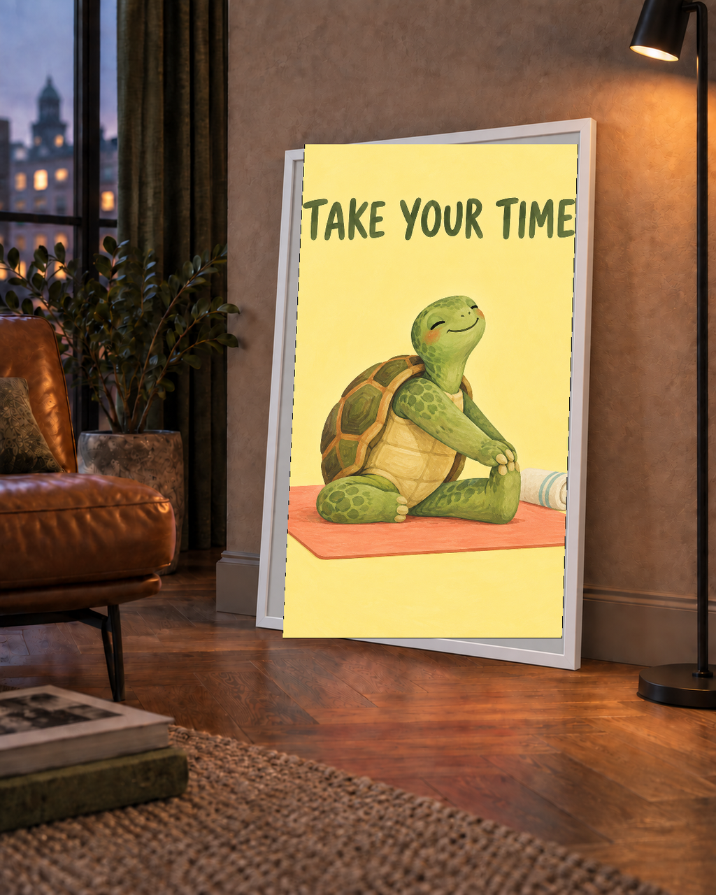 Yoga Yapan Kaplumbağa Poster – “Take Your Time” Pastel Tasarım