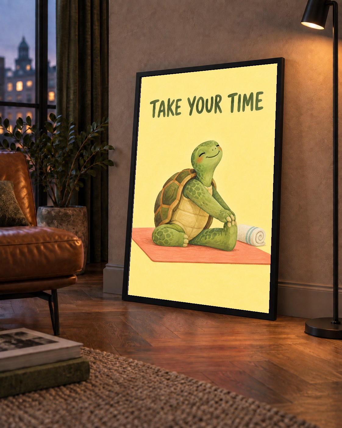 Yoga Yapan Kaplumbağa Poster – “Take Your Time” Pastel Tasarım