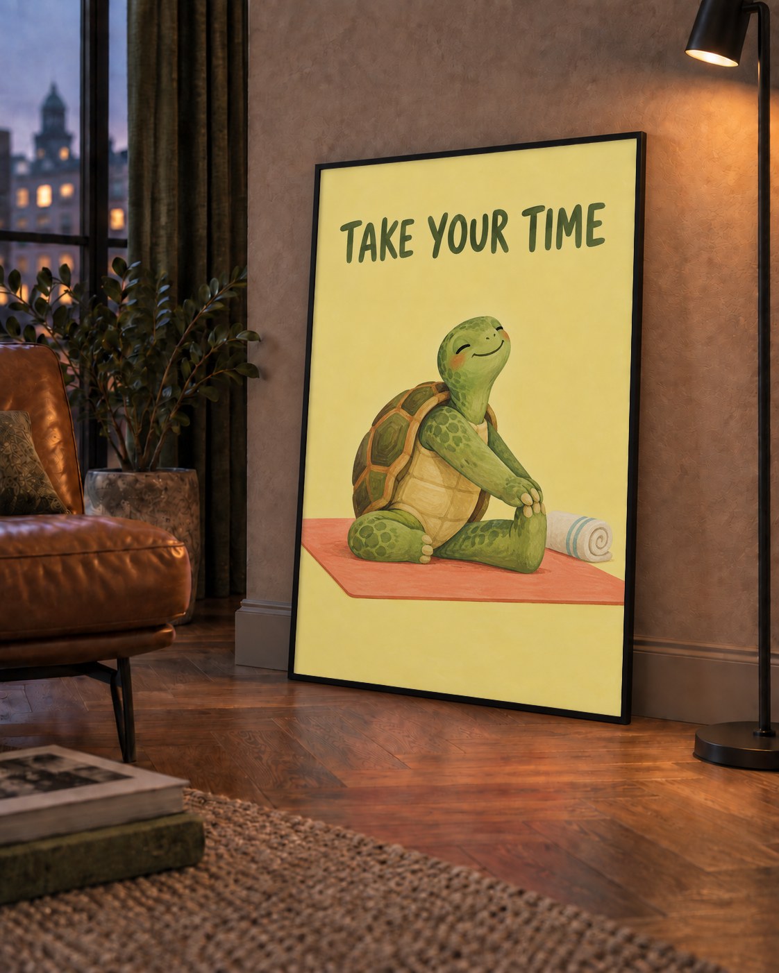 Yoga Yapan Kaplumbağa Poster – “Take Your Time” Pastel Tasarım — çerçeveli hâliyle bir ev duvarında