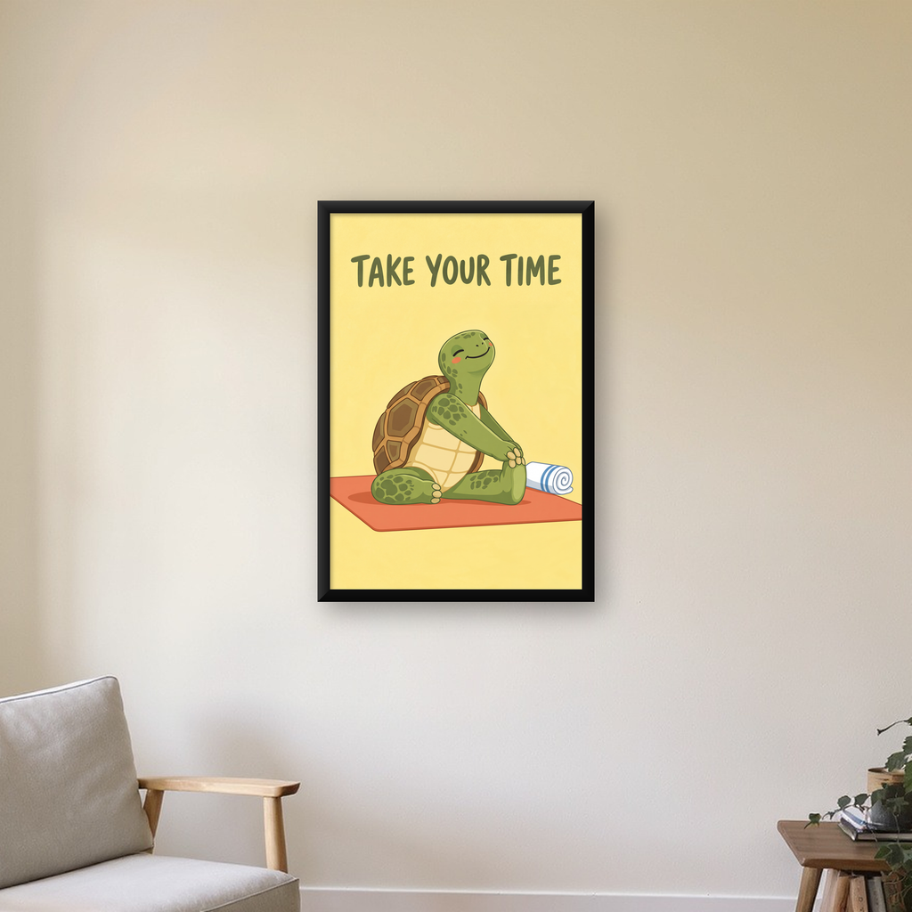 Yoga Yapan Kaplumbağa Poster – “Take Your Time” Pastel Tasarım — çerçeveli hâliyle bir ev duvarında