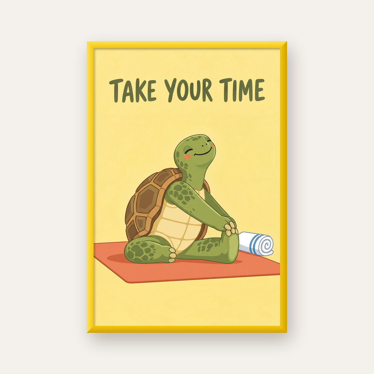 Yoga Yapan Kaplumbağa Poster – “Take Your Time” Pastel Tasarım — sarı çerçeveli