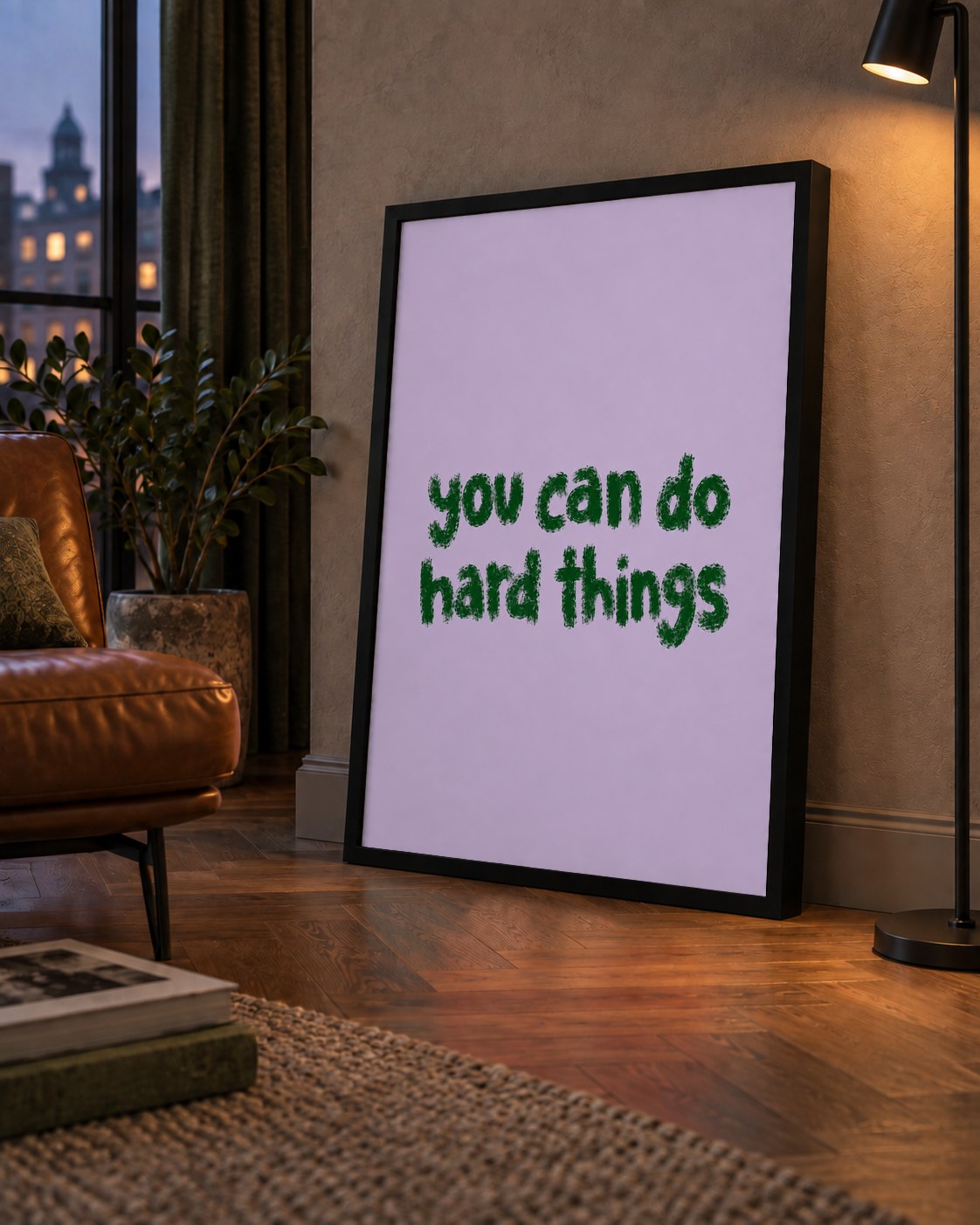 You Can Do Hard Things – Motivasyon Tipografi Poster — çerçeveli hâliyle bir ev duvarında