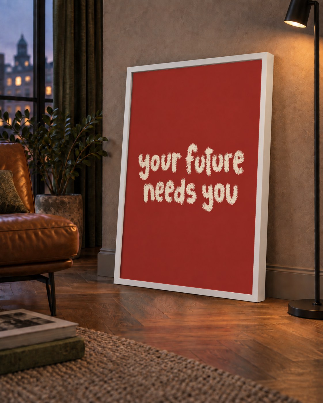 Your Future Needs You – Kırmızı Minimal İlham Veren Poster — çerçeveli hâliyle bir ev duvarında