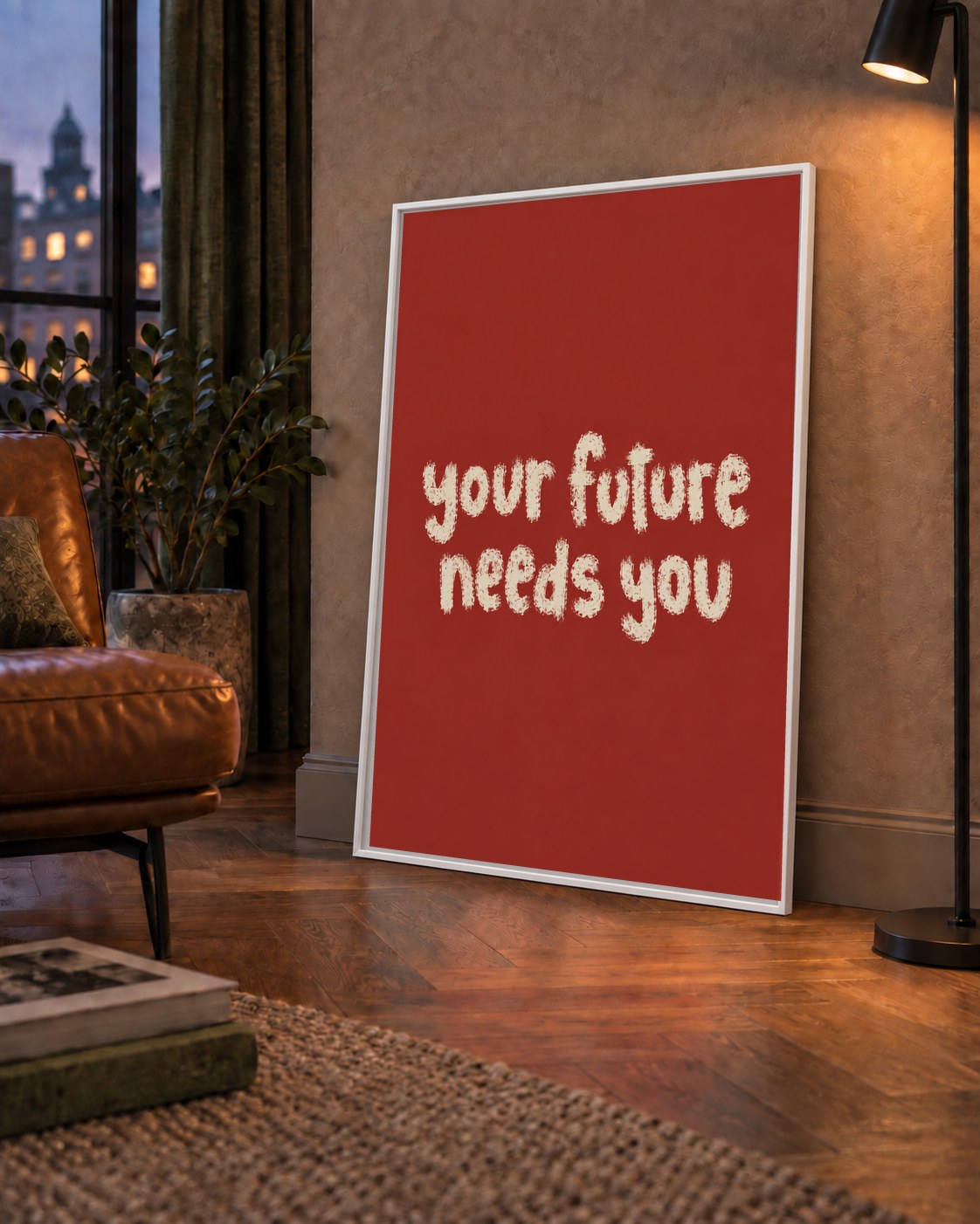 Your Future Needs You – Kırmızı Minimal İlham Veren Poster — çerçeveli hâliyle bir ev duvarında