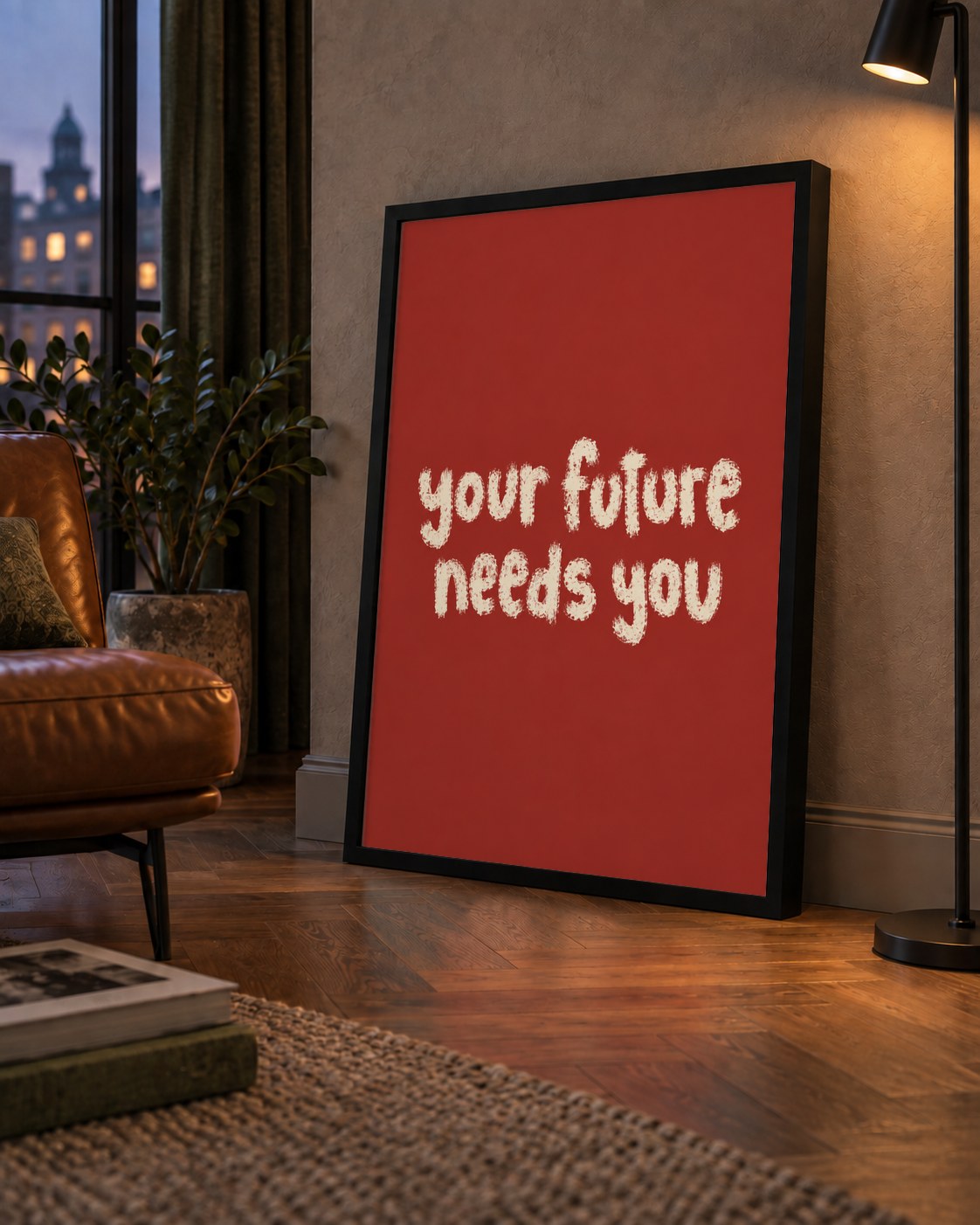 Your Future Needs You – Kırmızı Minimal İlham Veren Poster — çerçeveli hâliyle bir ev duvarında