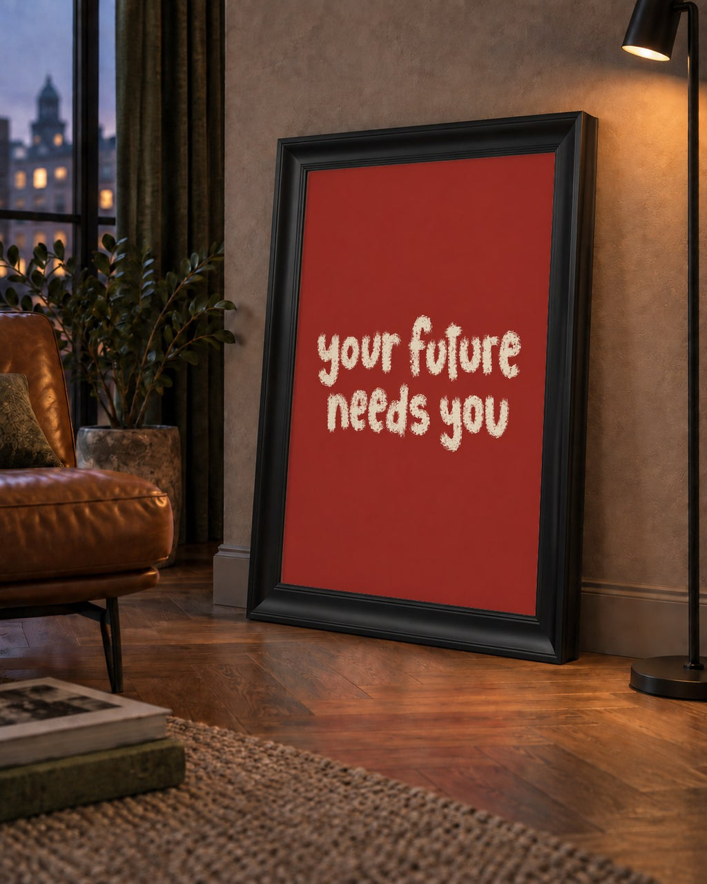 Your Future Needs You – Kırmızı Minimal İlham Veren Poster — çerçeveli hâliyle bir ev duvarında