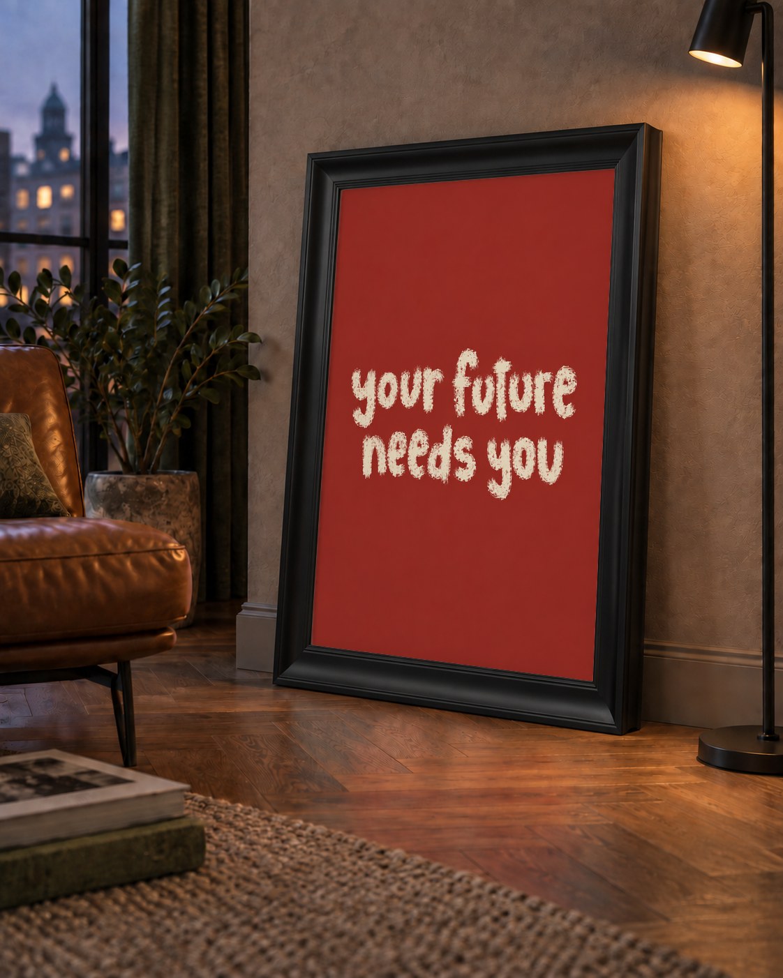 Your Future Needs You – Kırmızı Minimal İlham Veren Poster — çerçeveli hâliyle bir ev duvarında