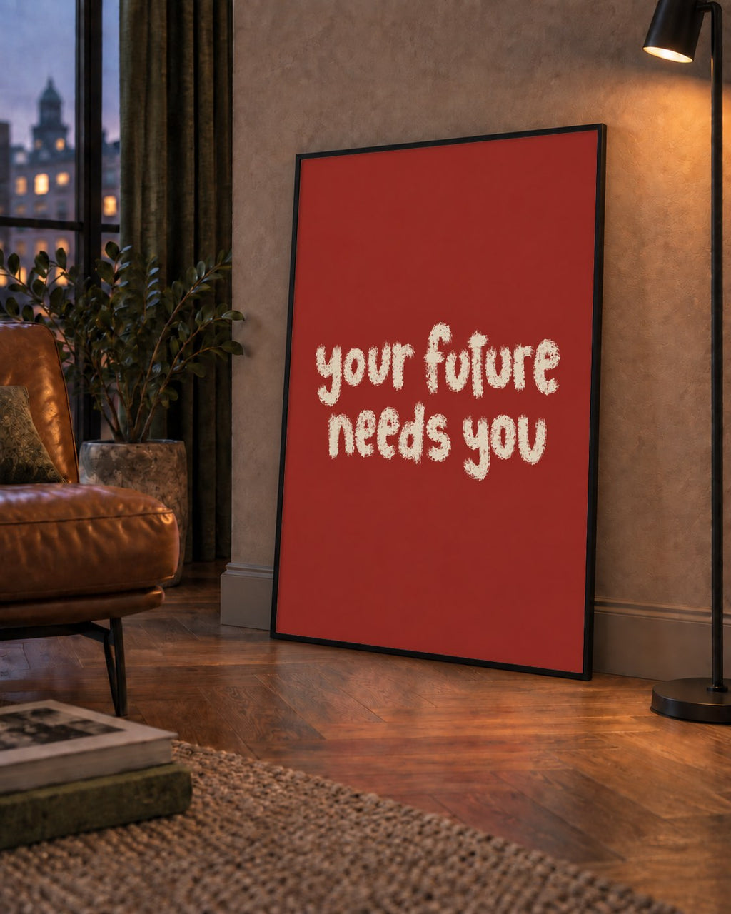 Your Future Needs You – Kırmızı Minimal İlham Veren Poster — çerçeveli hâliyle bir ev duvarında