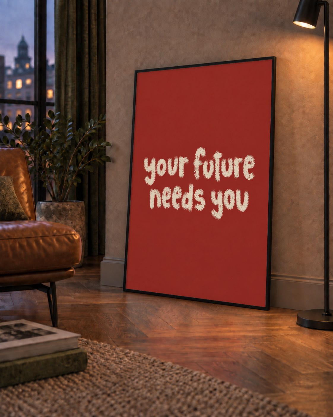 Your Future Needs You – Kırmızı Minimal İlham Veren Poster — çerçeveli hâliyle bir ev duvarında