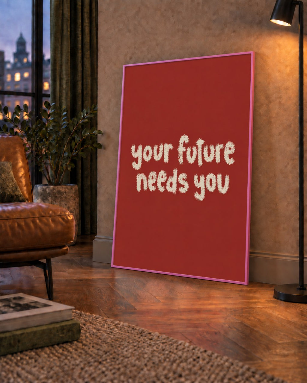Your Future Needs You – Kırmızı Minimal İlham Veren Poster — çerçeveli hâliyle bir ev duvarında
