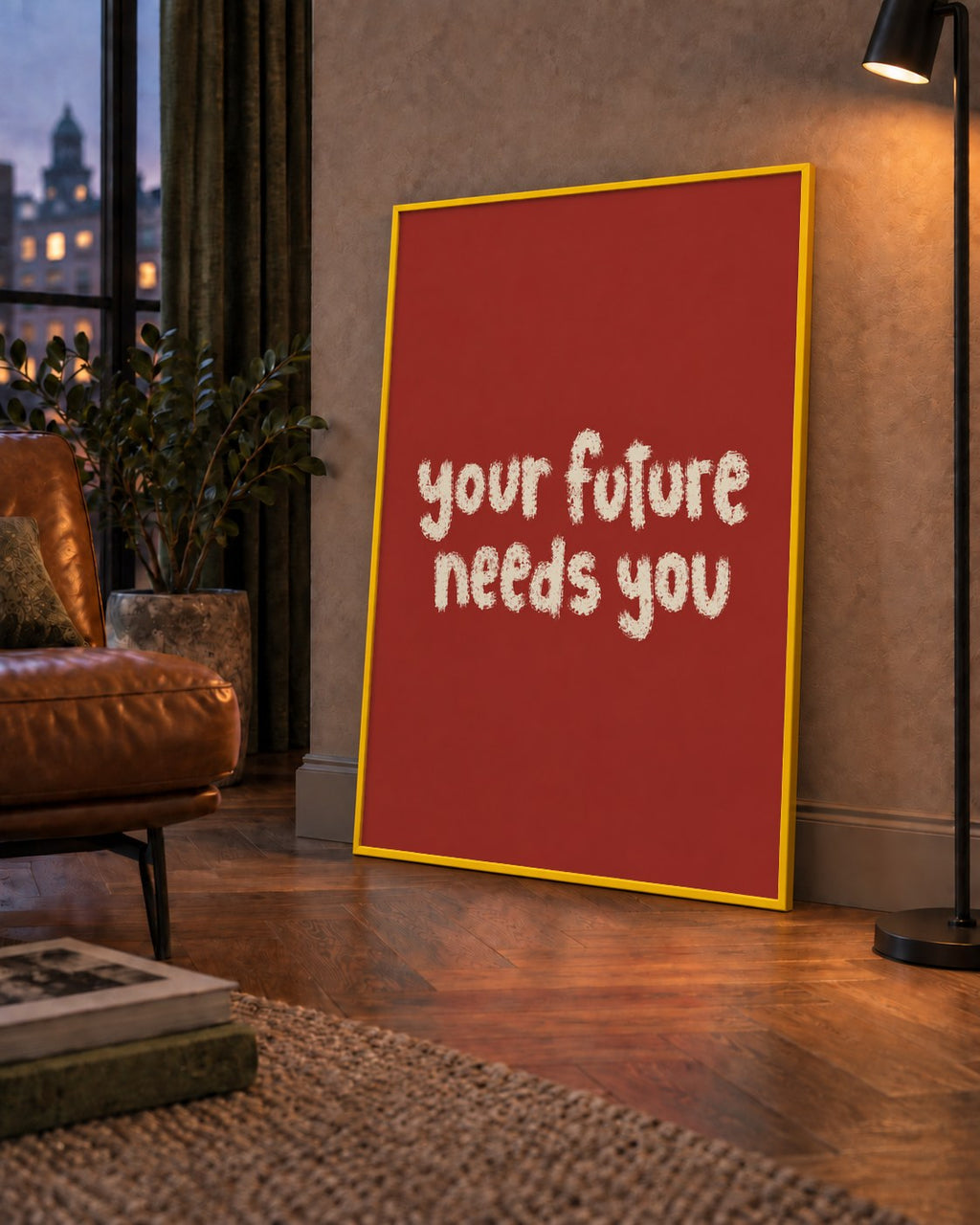 Your Future Needs You – Kırmızı Minimal İlham Veren Poster — çerçeveli hâliyle bir ev duvarında