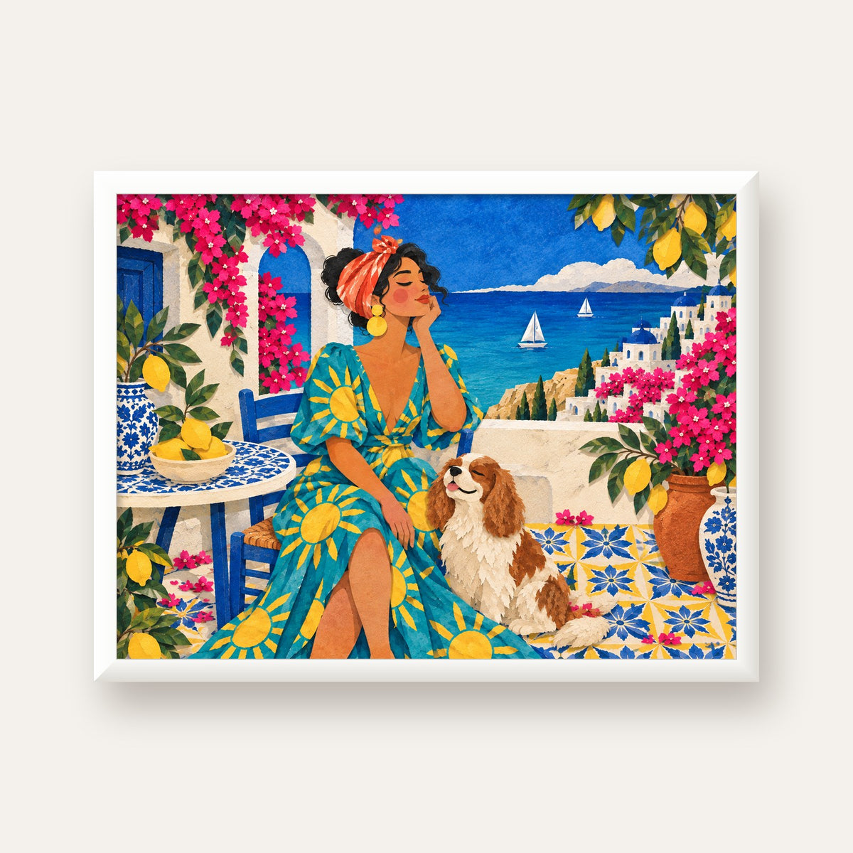 Akdeniz Yazı Kadın ve Limon Bahçesi Poster - Renkli Duvar Sanatı — beyaz çerçeveli yatay poster