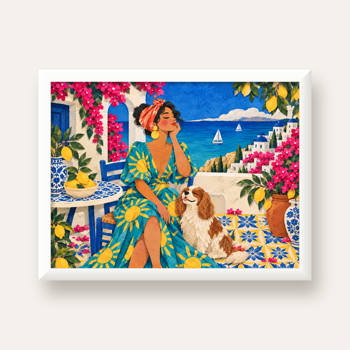 Akdeniz Yazı Kadın ve Limon Bahçesi Poster - Renkli Duvar Sanatı — beyaz çerçeveli yatay poster